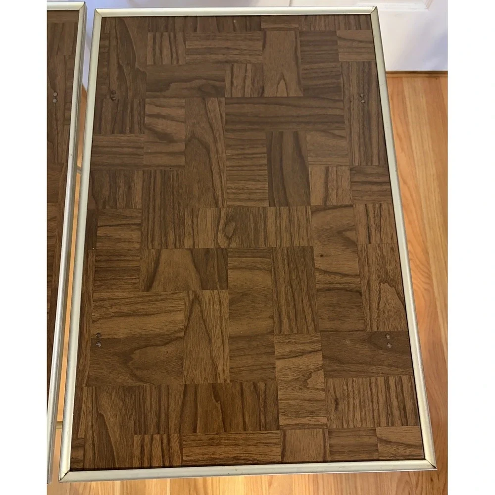 Vintage Set of 2 MCM  Folding TV Tray Tables Faux Parquet Wood P93 23 X 15 X 25